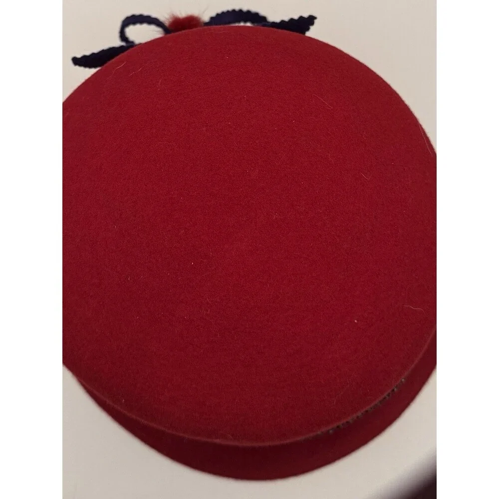 Vintage Red Felt Cloche Hat Womens Navy Ribbon Studded Bow Winter Retro